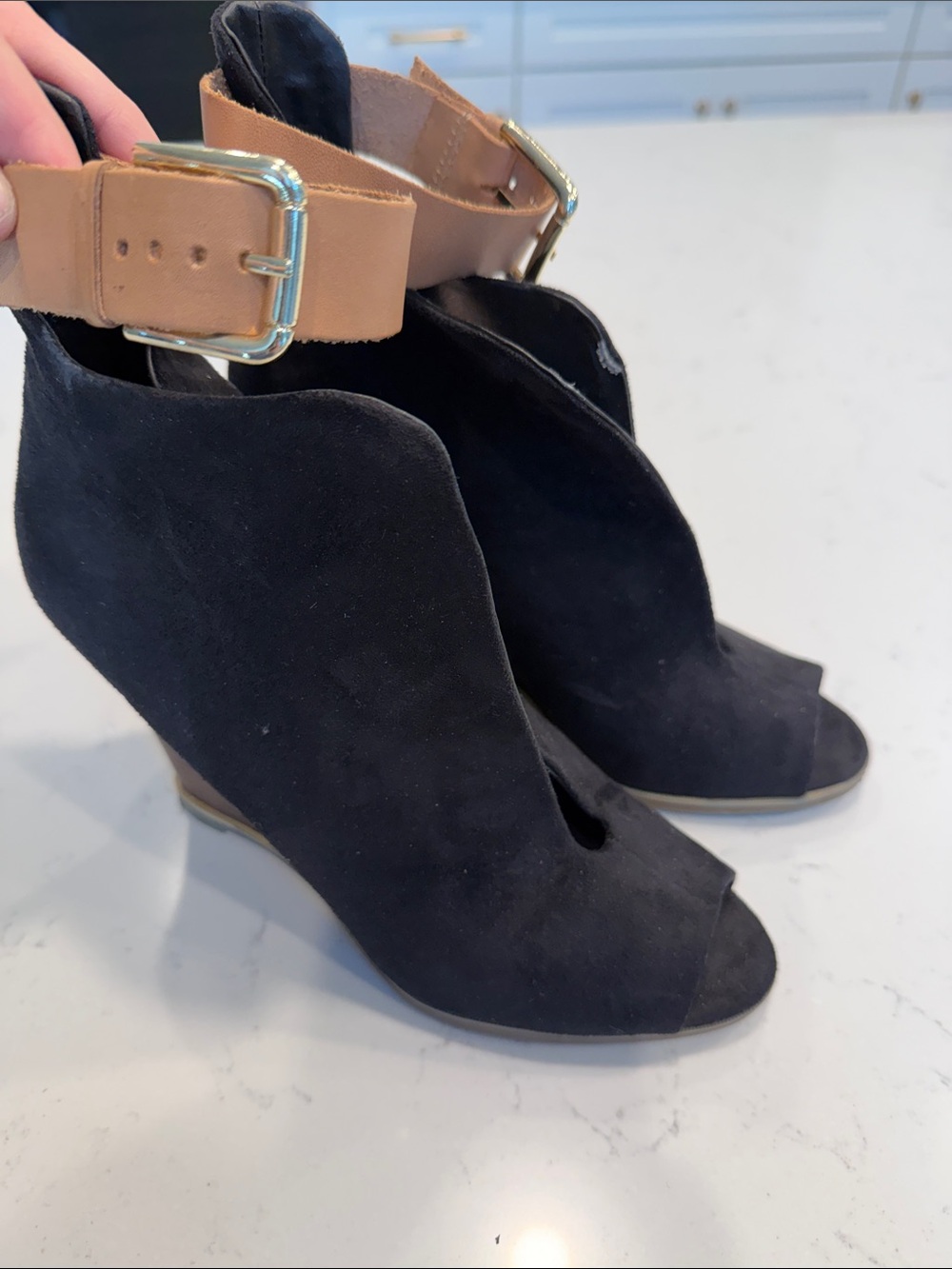 Black man made Suede Peep-Toe Ankle Boots with Tan Buckle Strap